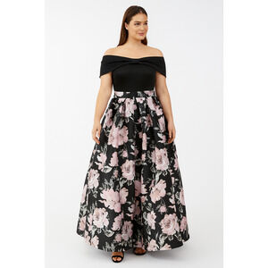 Jessica Howard Womens Off Shoulder Long Evening Dress Size 8 Pink‎ Black Floral